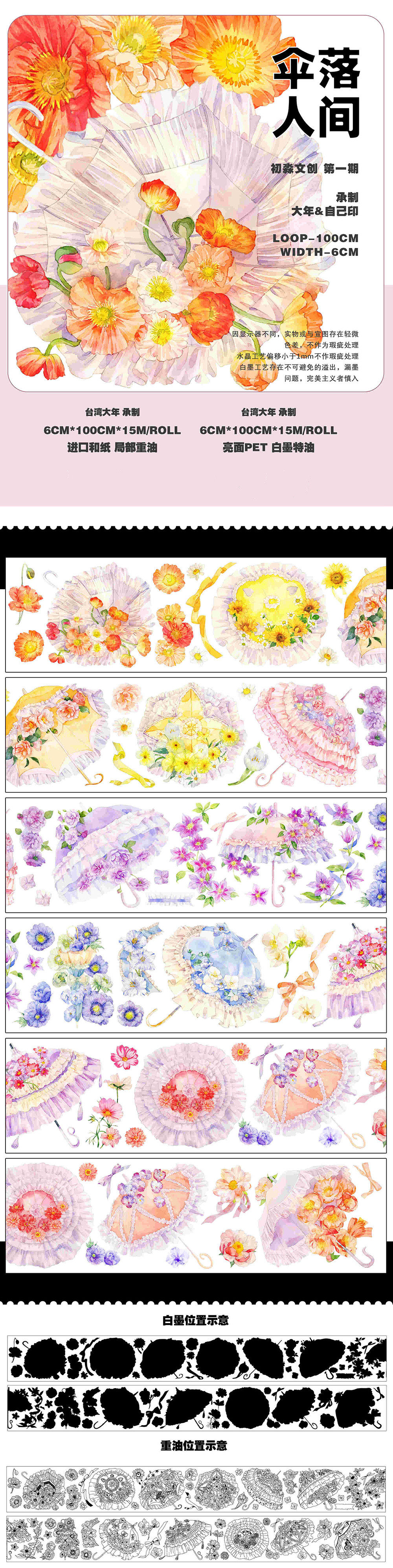 胶带分装初淼文创 伞落人间随郁而安樱花水母 diy手帐咕卡水晶pet