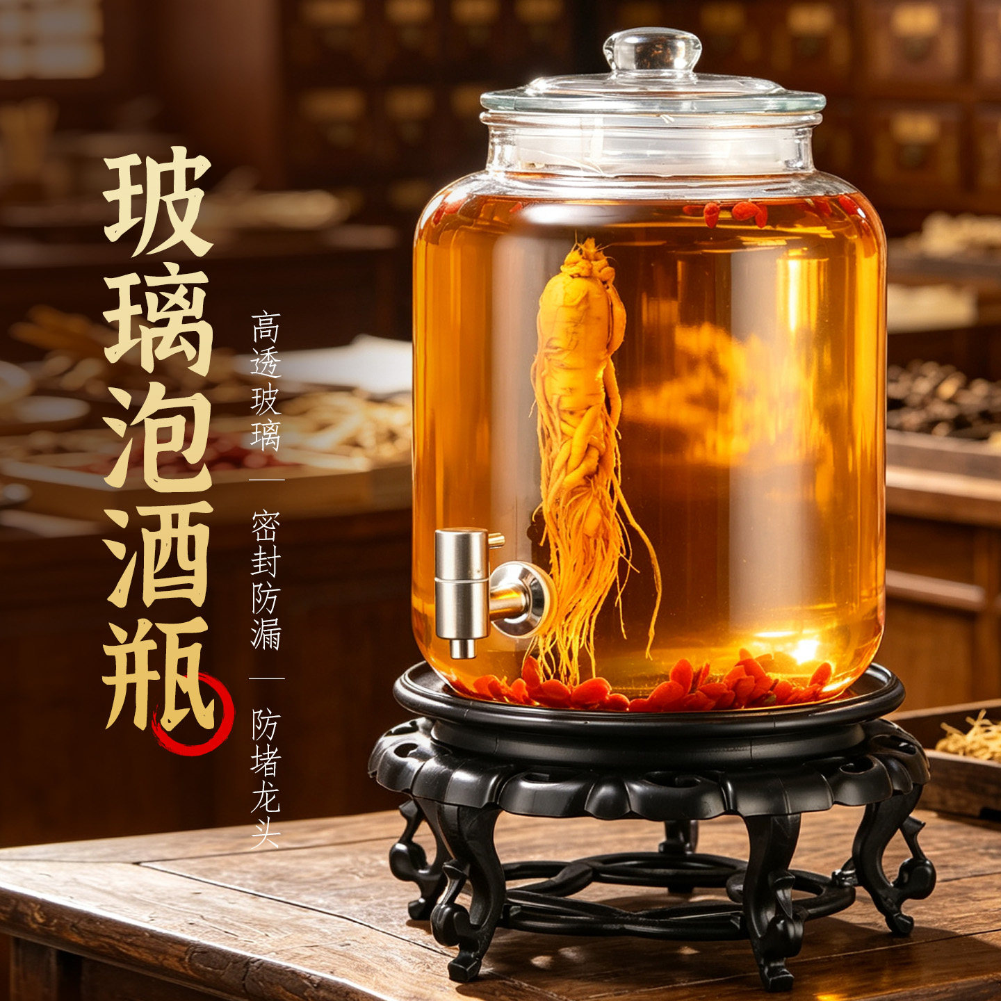 加厚玻璃带龙头密封大容量泡酒瓶
