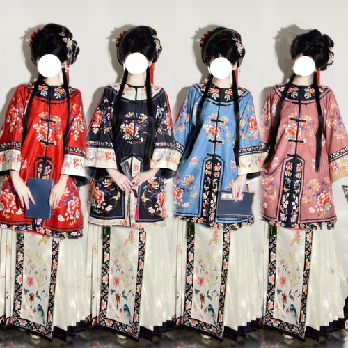 原创清汉女格格服复原对襟圆领古董民族服装重工印花马面清朝秋款