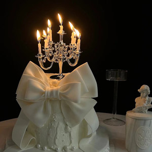 高级风欧式金色银色烛台蛋糕装饰摆件复古蝴蝶结女神生日蛋糕插件