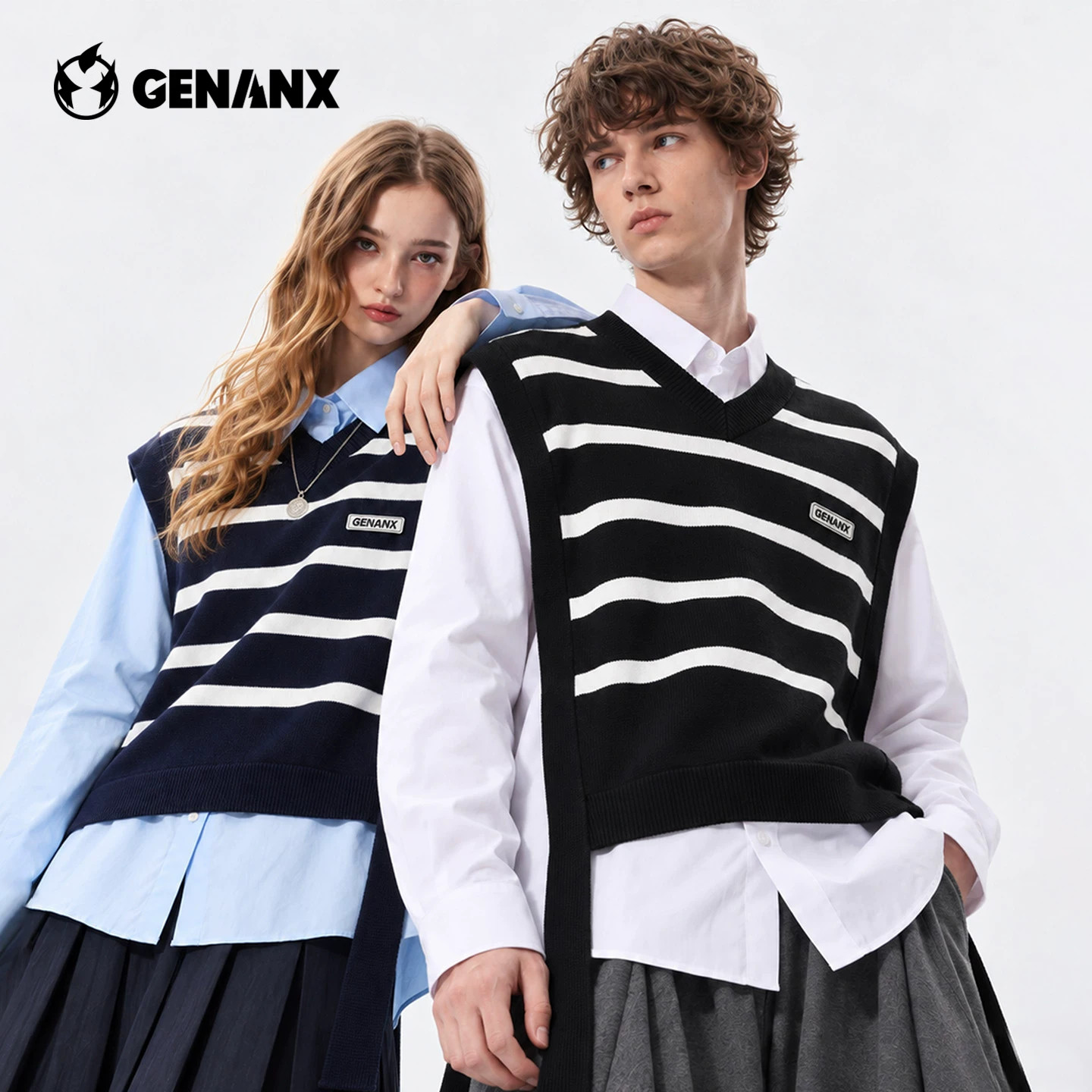 GENANX长袖衬衫针织马甲两件套学院风2026秋季新款衬衣女卓沅同款