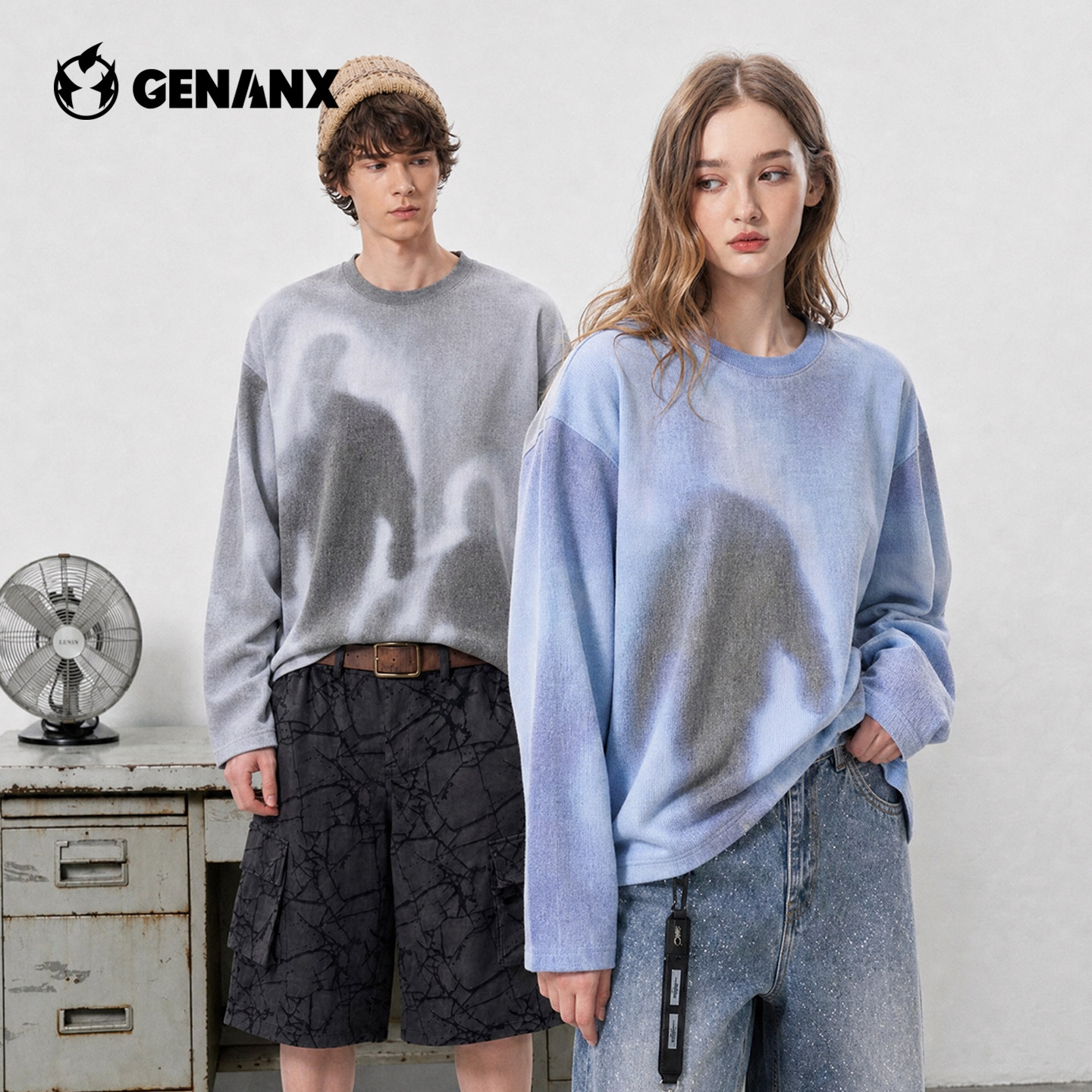 GENANX秋季新款2026男士卫衣人物印花宽松套头衫潮流街头运动上衣