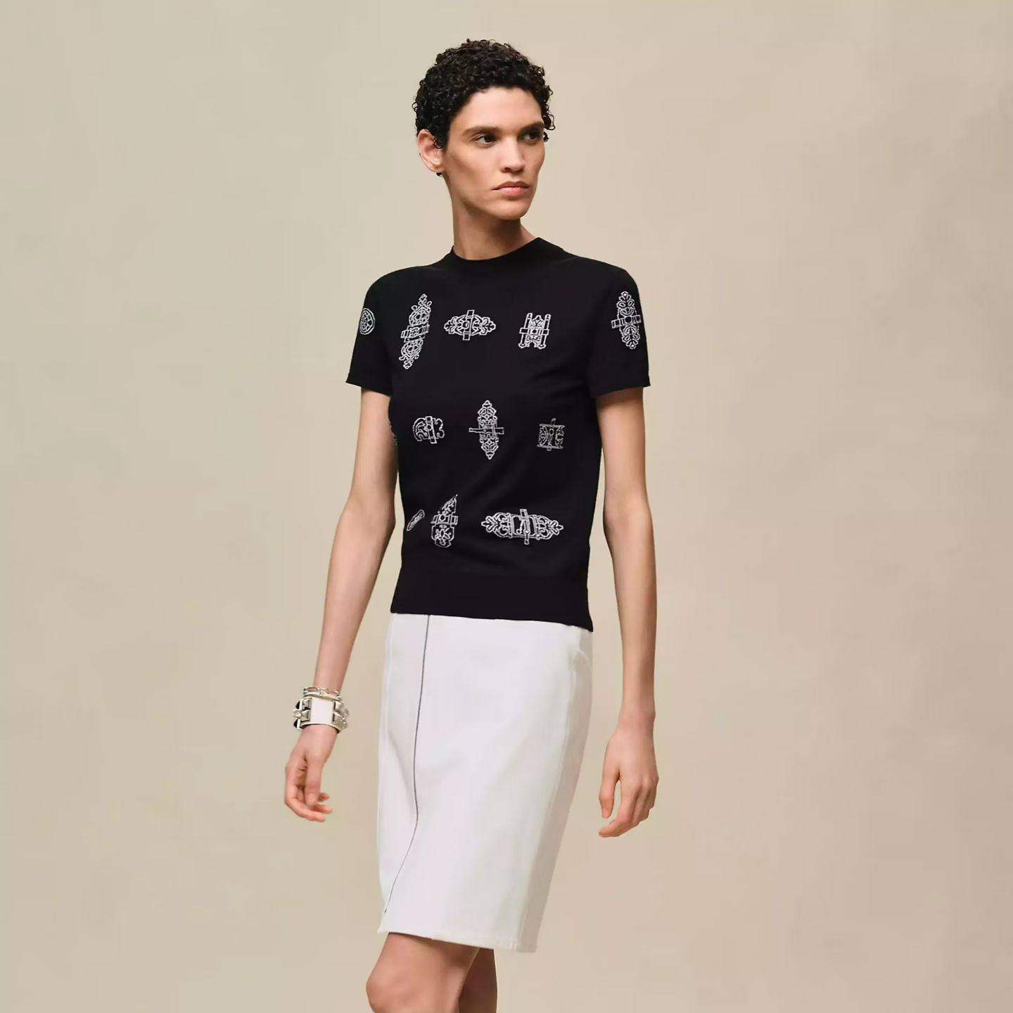 26春新款嵌花铁饰图案提花超细羊毛套头针织衫薄款短袖T恤,女装/女士精品,T恤,淘宝优惠券,粉丝福利购,淘宝优惠卷