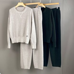 LP秋冬新款圆领三角标羊绒羊毛长袖针织衫长裤套装百搭休闲