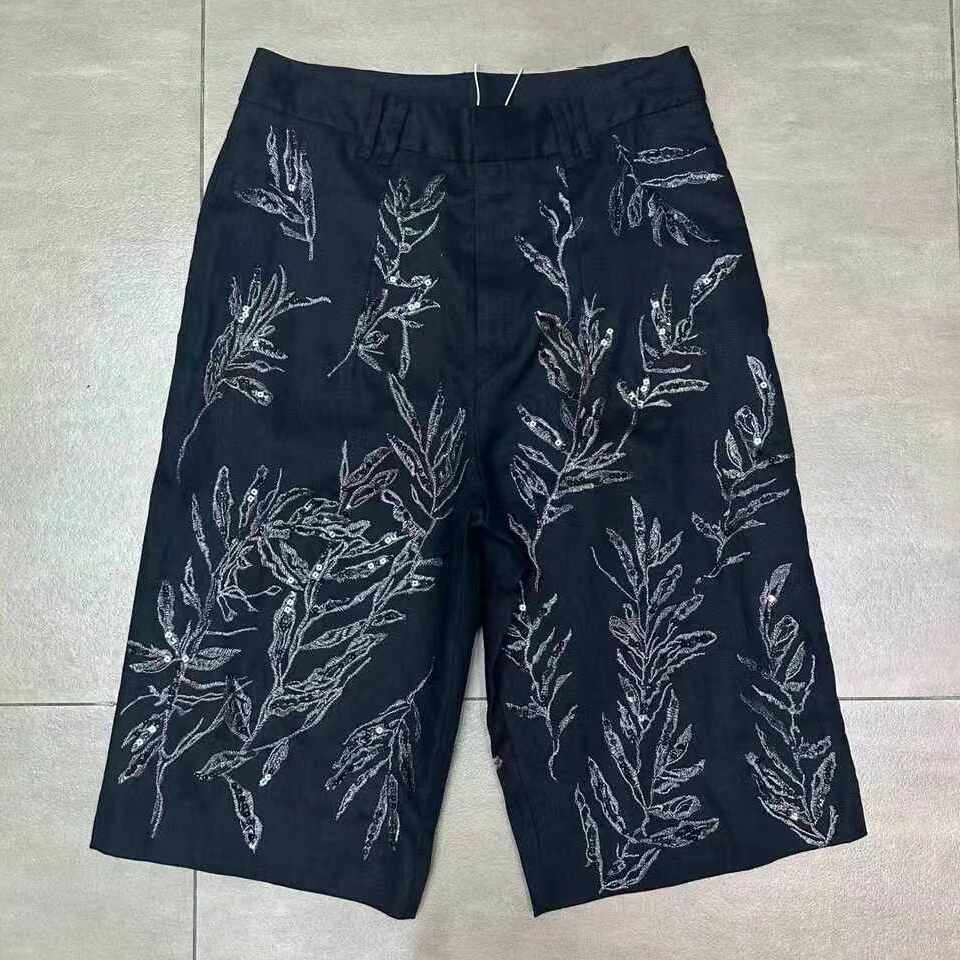 BC重工珠片绣花亚麻中裤直筒裤