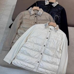 断货清仓BC云纹珠片刺绣翻领纯羊绒针织袖拼接衬衫式鹅绒服外套