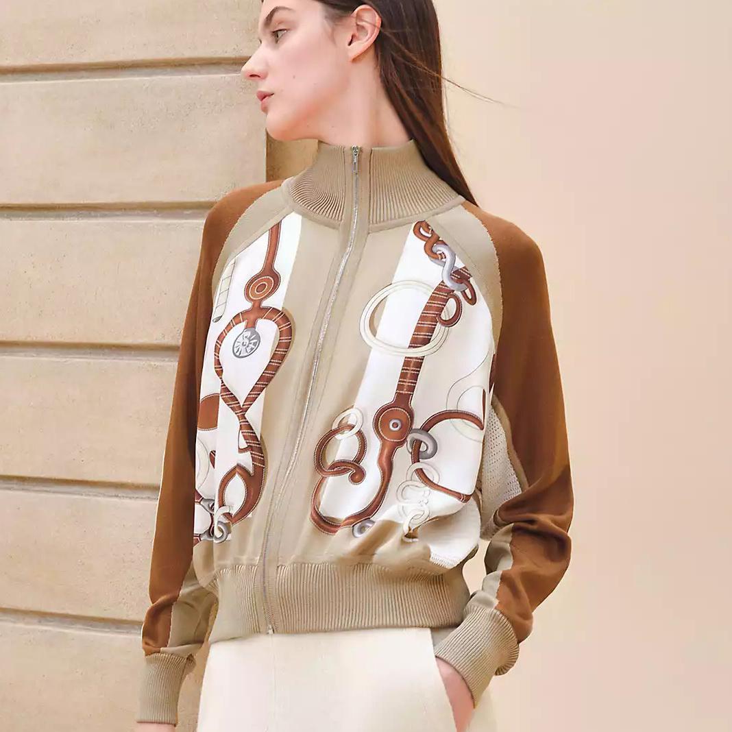 印花真丝拼接羊毛针织拉链棒球服