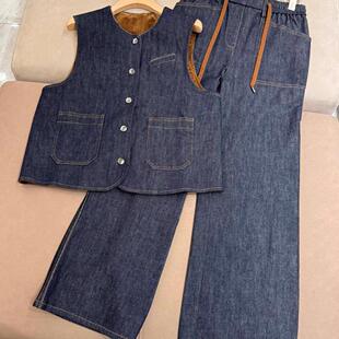 BC牛仔灯芯绒两面穿圆领马甲背心牛仔长裤套装两件套