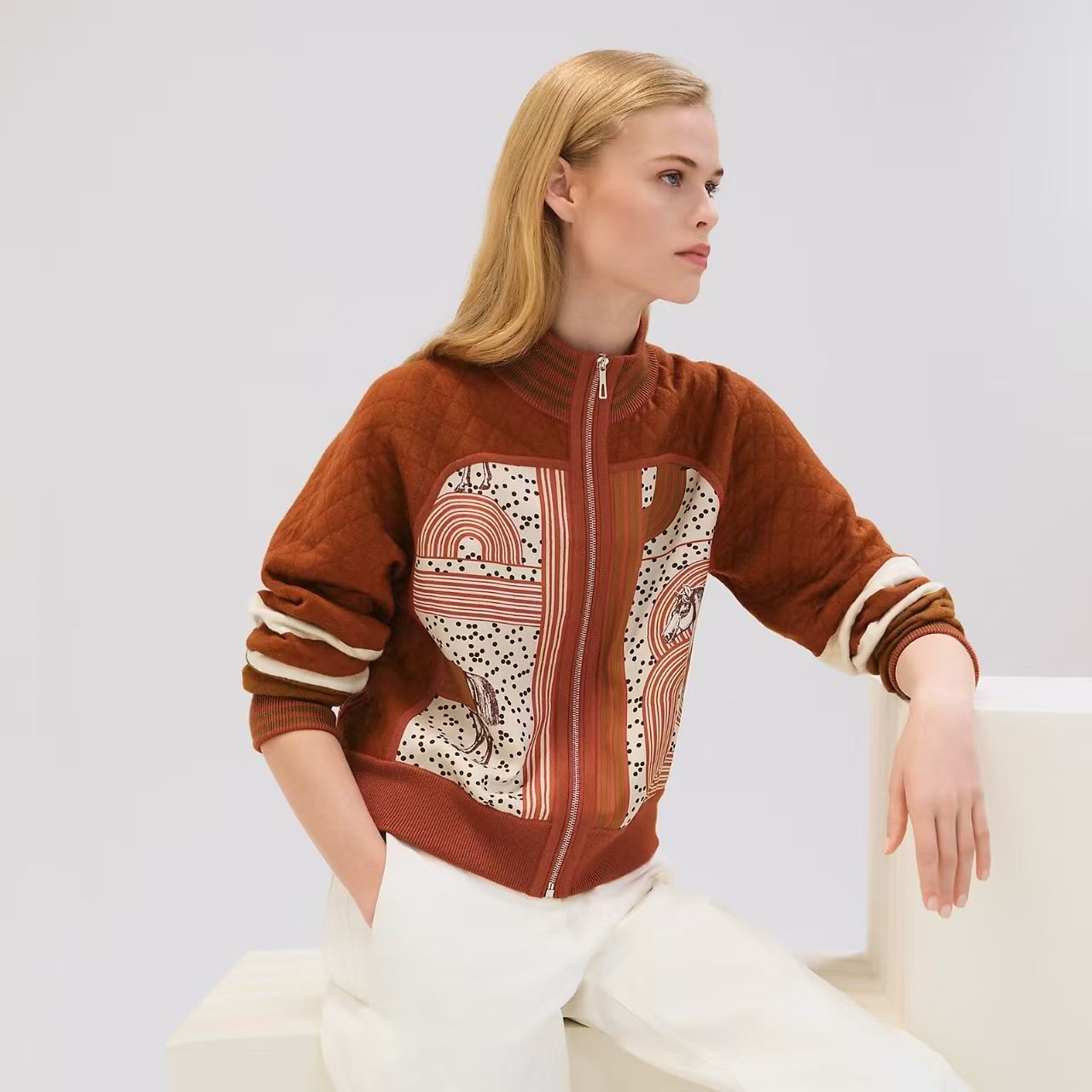 真丝定位印花拼接夹层加厚外套