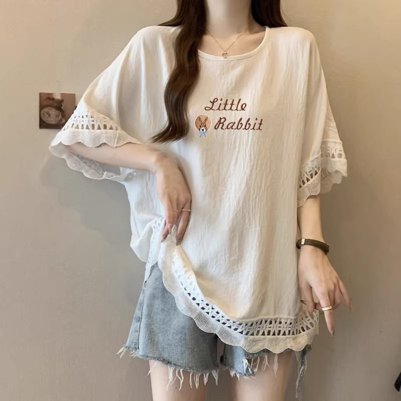 夏季宽松慵懒风蕾丝正肩短袖女装T恤胖mm显瘦百搭遮肉中长款上衣