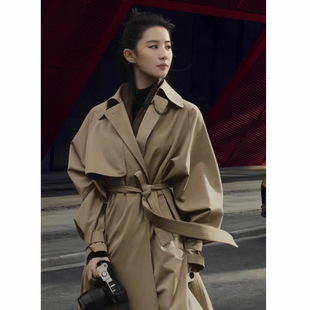 禾家露珠系列明星刘亦菲同款2025年春秋丝羊毛精纺风衣外套女长款