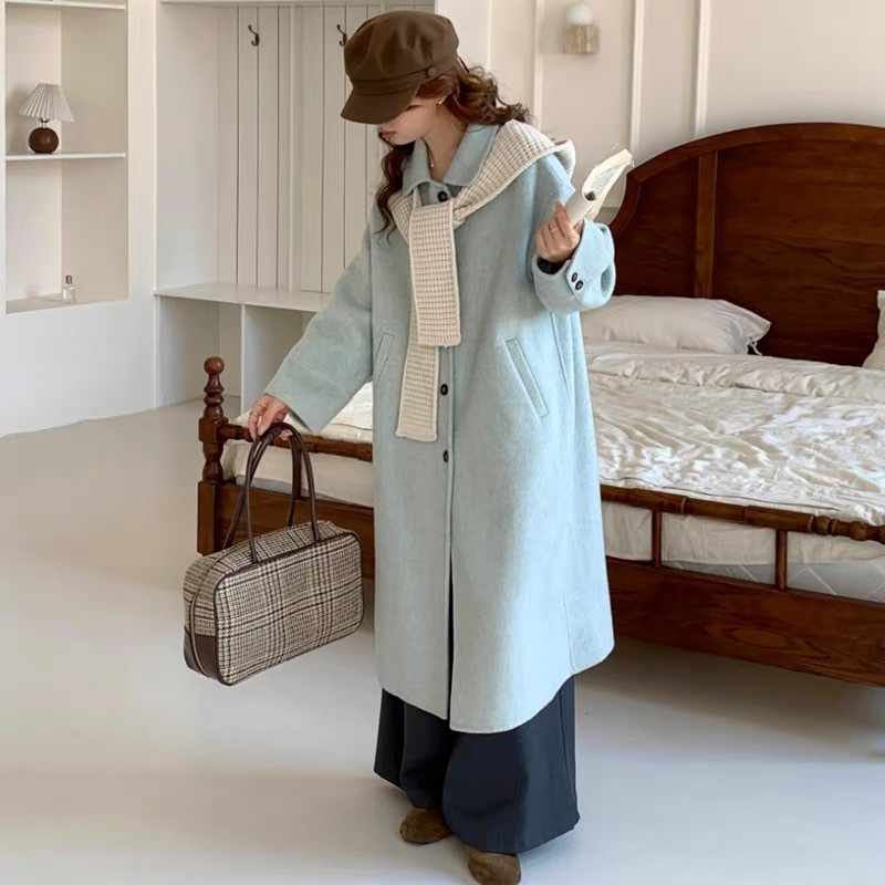 羊毛大衣女2025秋冬新款带围巾帽子宽松甜美长款加厚羊绒毛呢外套