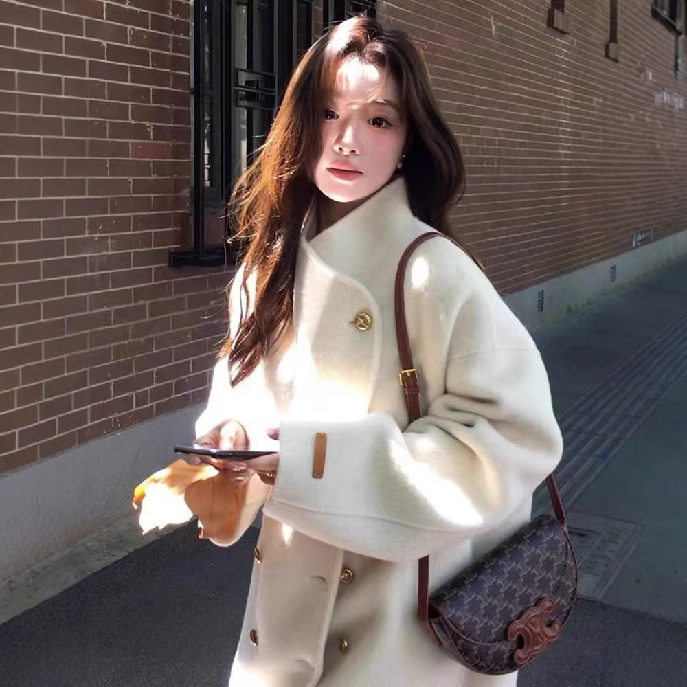 金扣中长款双面羊绒大衣女2024秋冬季感韩系立领宽松毛呢外套,女装/女士精品,毛呢外套,淘宝优惠券,粉丝福利购,淘宝优惠卷