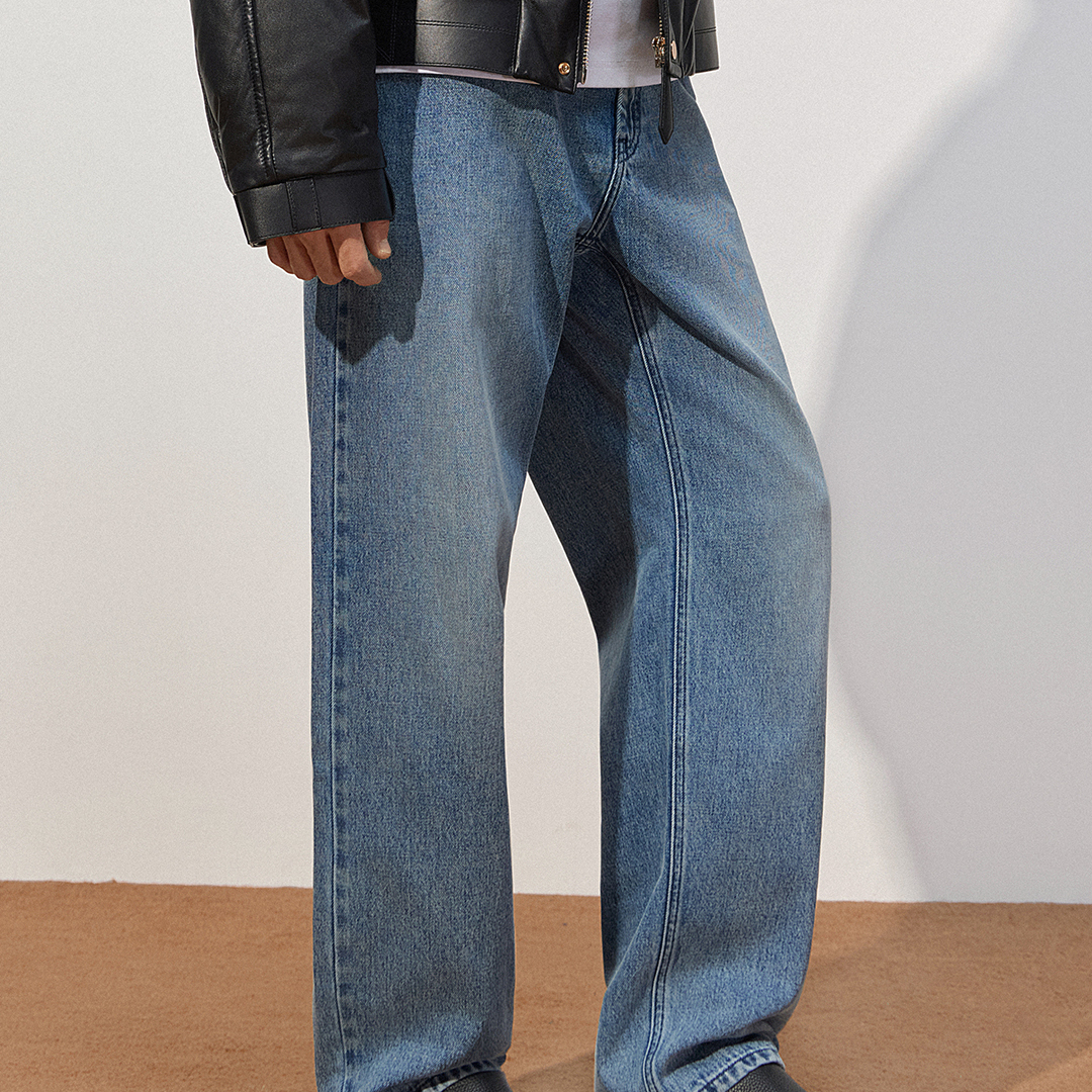 TRENDIANO2025冬季新款全棉皮牌洗水男款直筒牛仔长裤 1SC406191D