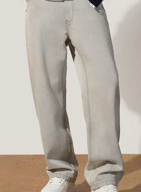 TRENDIANO纯棉浅灰男士牛仔裤2025秋冬新款斜纹百搭休闲直筒裤子