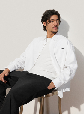 Trendiano2025年新款秋冬纯棉长袖白色男士衬衫外套 1SM3010410