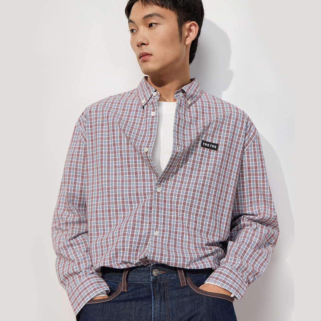 TRENDIANO2025秋冬新款长绒棉摩登小格纹男款长袖衬衫 1SM4010050