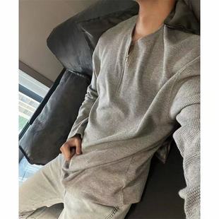 Sleeve Long 小众美式 半拉链华夫格纯色长袖 潮牌 Half 男T恤衫 Zip