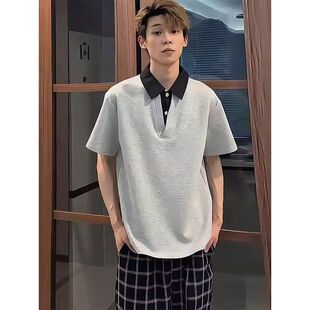 高级感痞帅翻领t恤宽松透气假两件短袖 领口拼接POLO衫 男夏季