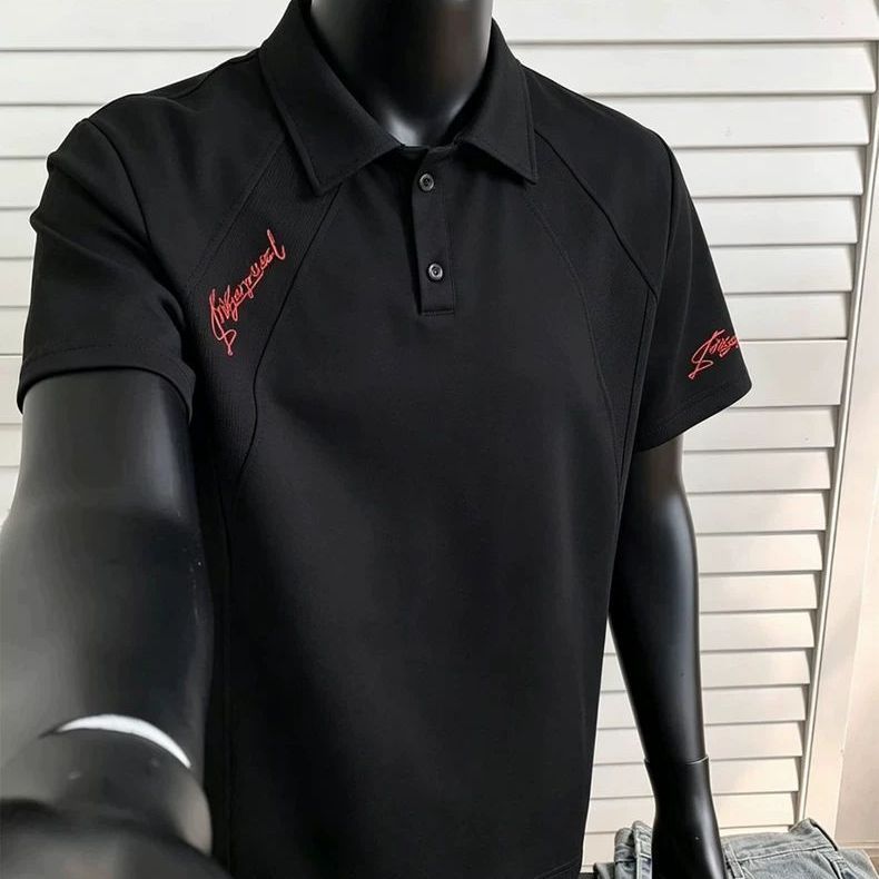 2026刺绣正肩POLO衫男款夏季高级感痞帅拼接短袖短宽版型t恤上衣图片