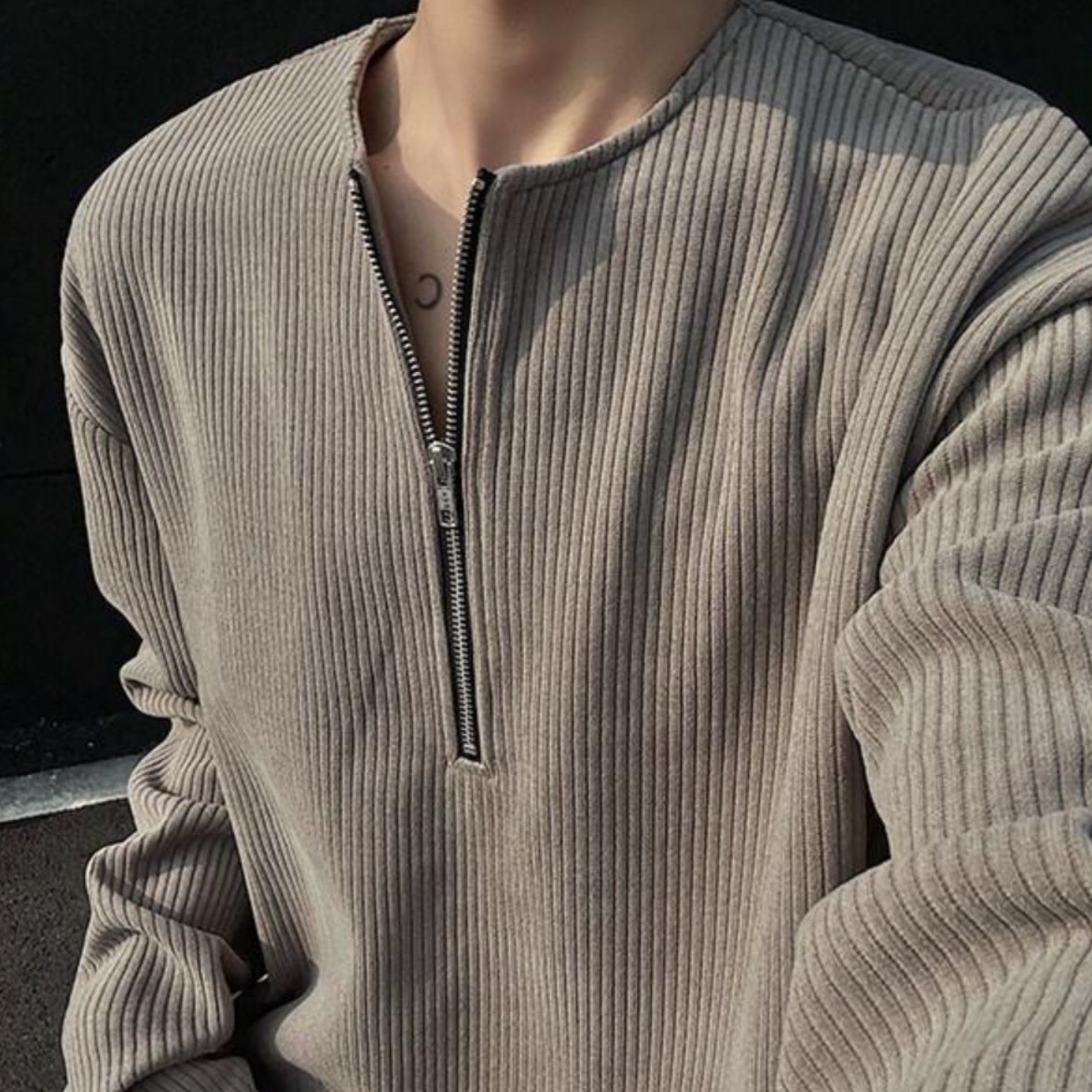 2025春秋新款半拉链长袖T恤男款高级感叠穿肌理感内搭宽松打底衫