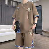 男生穿搭配短裤 新中式 一套 七分袖 休闲运动套装 国风短袖 t恤男夏季