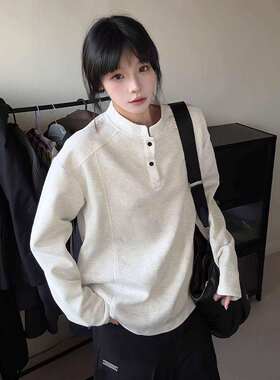 白灰色亨利领正肩长袖t恤男秋季美式解构拼接重磅卫衣立领打底衫