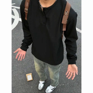 黑色美式亨利领长袖t恤男春秋季华夫格卫衣潮牌高级感内搭打底衫