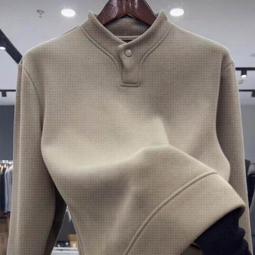 华夫格春秋帅气亨利领卫衣V领纽扣长袖男士宽松休闲打底男上衣T恤