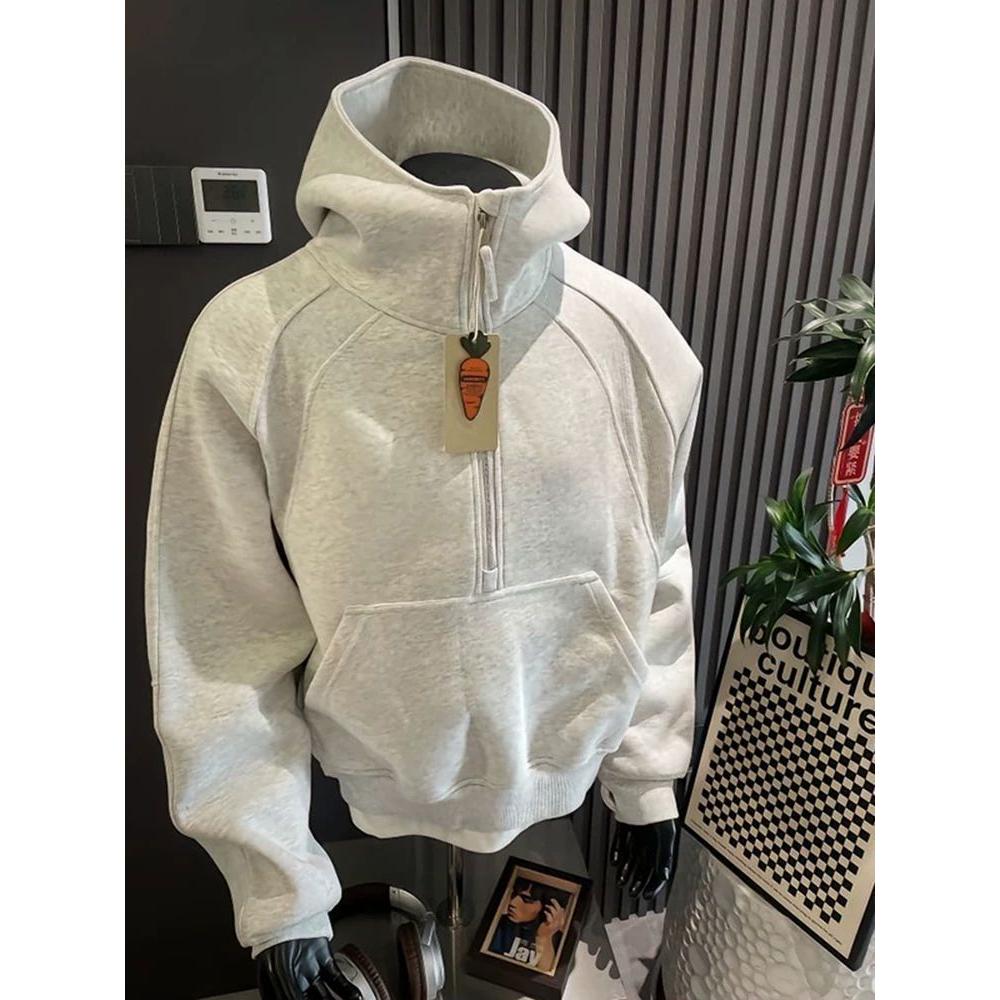 白花灰半拉链连帽卫衣外套男女2025春秋季新款美式重磅高领连帽衫