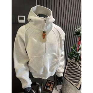 白花灰半拉链连帽卫衣外套男女2025春秋季新款美式重磅高领连帽衫