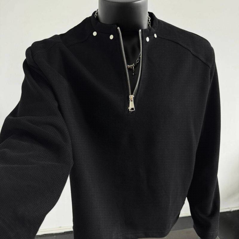 半拉链华夫格卫衣男春秋美式高街柳钉长袖T恤衫痞帅宽松休闲外套