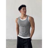 坑条肌理紧身无袖 工字背心基础款 t恤上衣 修身 假两件美式