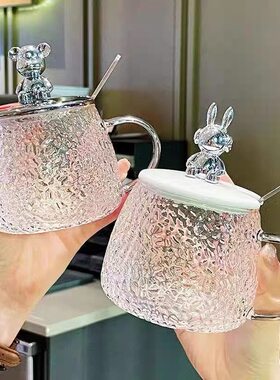 ins风可爱小熊玻璃杯高颜值女生水杯马克杯带盖勺办公室早餐杯