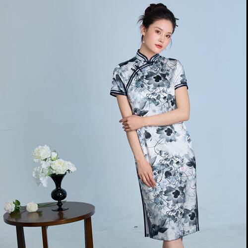 荷塘月色-桑蚕丝真丝印花手工盘扣旗袍裙礼服
