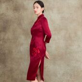 华尊日常款 刺绣七分袖 富贵牡丹立领重工 妈妈复古中国风旗袍