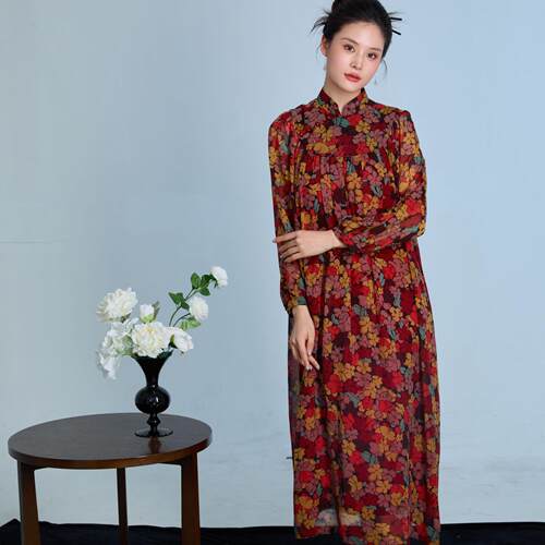 西域风情-桑蚕丝真丝中国风连衣裙休闲长袖立领中式风花朵印花款