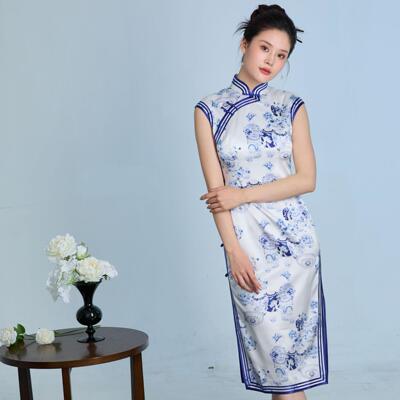 青花瓷-桑蚕丝真丝印花长旗袍礼服