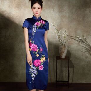 醋酸刺绣旗袍喜婆婆复古礼服花卉印花中式岳母装喜妈妈婚宴旗袍