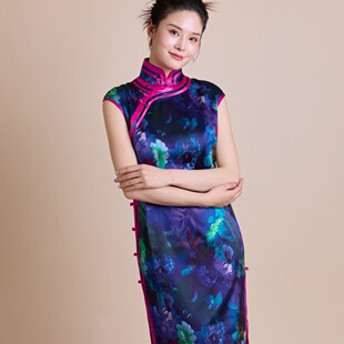 新中式中国风复古真丝桑蚕丝印花无袖立领短旗袍