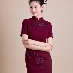 妈妈减龄短款旗袍 中国风复古重工刺绣立领短袖新中式雅致短装