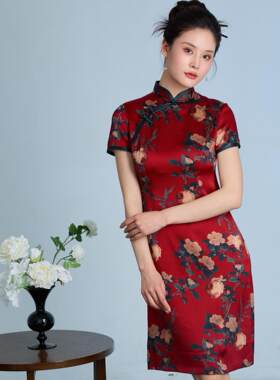 格格-桑蚕丝真丝牡丹印花红色送考夏季新中式微弹力舒适中长旗袍