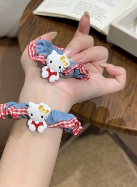 实拍live～老婆们看下HelloKitty牛仔发圈！！蓝色好清新 好韩系