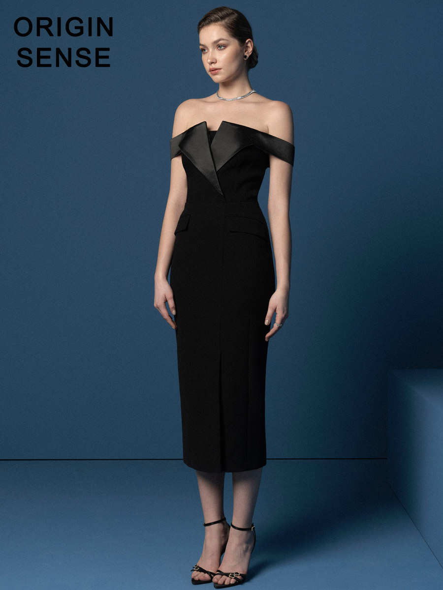 origin sense/知觉之门精致大气露锁骨性感一字肩黑色礼服一步裙