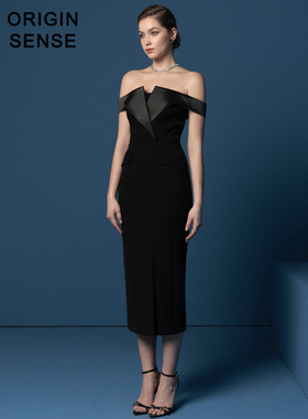 ORIGIN SENSE/知觉之门精致大气露锁骨性感一字肩黑色礼服一步裙