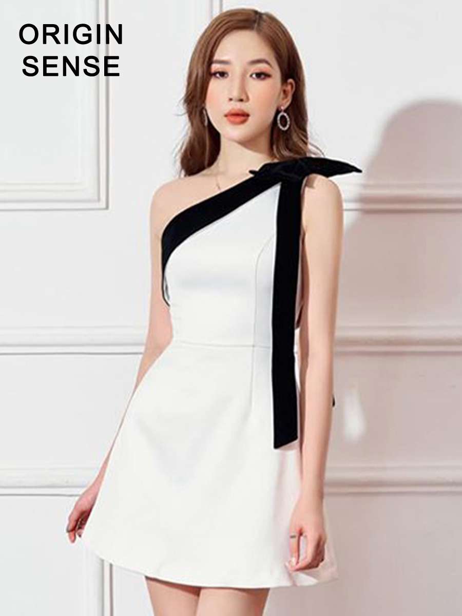 矮小个子不对称小白裙精致纯白色斜肩黑白撞色修身短款连衣裙7