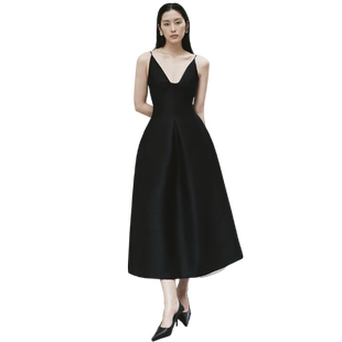 ORIGIN SENSE/知觉之门小众精品洋气V领吊带A字大摆赫本风小黑裙