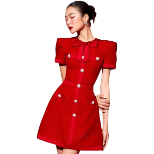 蝴蝶结小香风小个子小红裙礼服红色连衣裙女轻奢高级感名媛