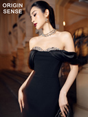 赫本风高级感黑色重工钉钻显瘦露肩抹胸派对小礼服优雅宴会洋装