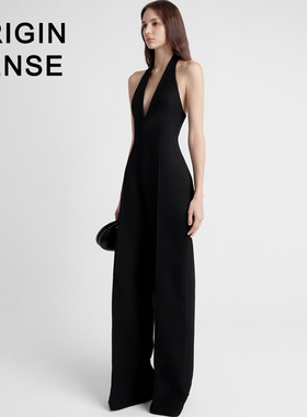 知觉之门高级感v领挂脖白色露背高端气场强大黑色连体裤女夏